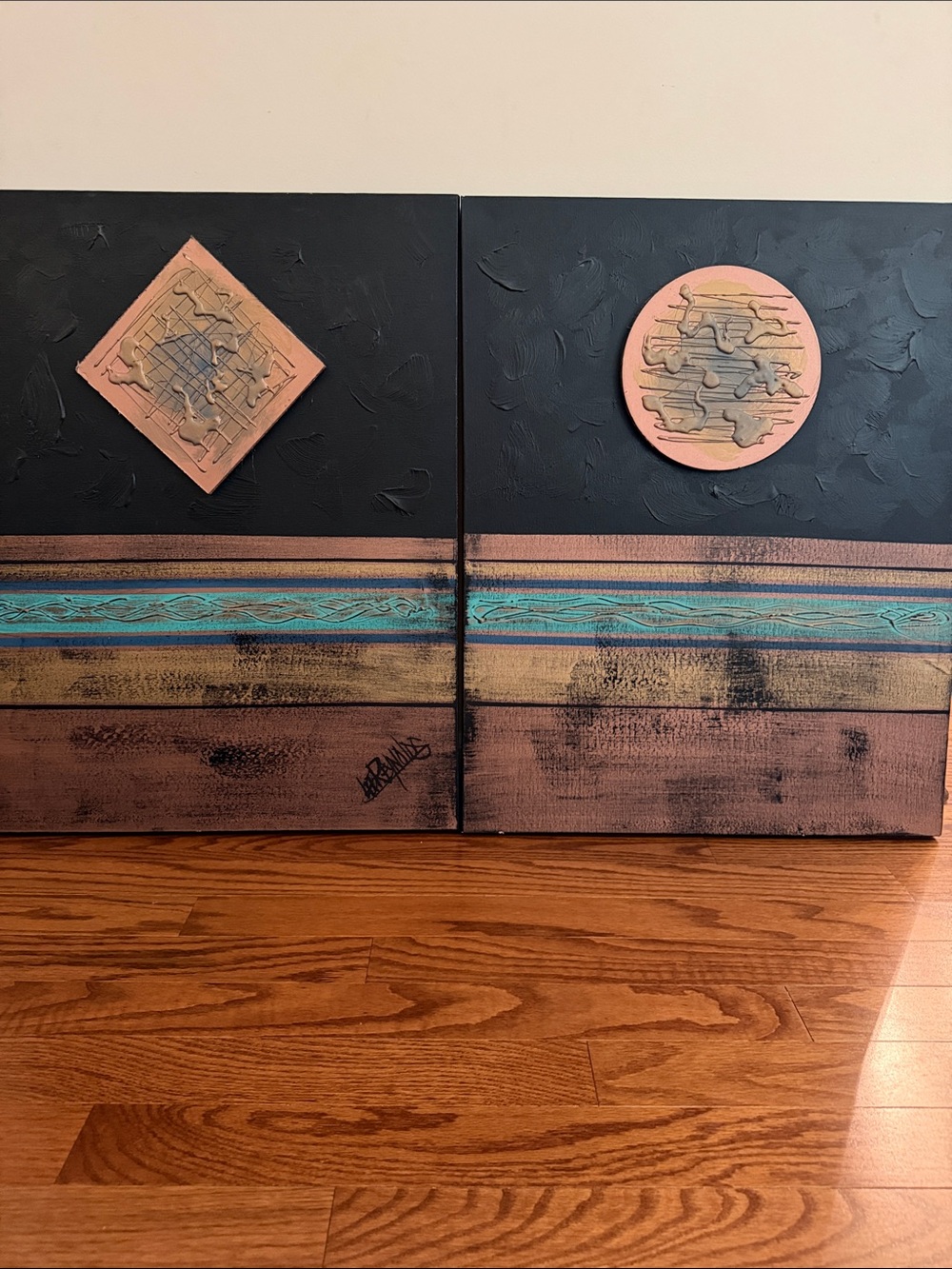 Abstract Two-Panel Mixed Media Wall Art in Black, Copper, Teal